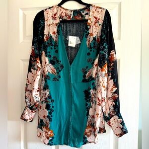 Free People Floral Blouse Tunic Teal Medium Boho Chic Babydoll y2k